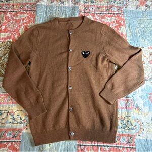 Comme des Garcons Brown Crewneck Cardigan with Black Heart Patch Merino Wool S